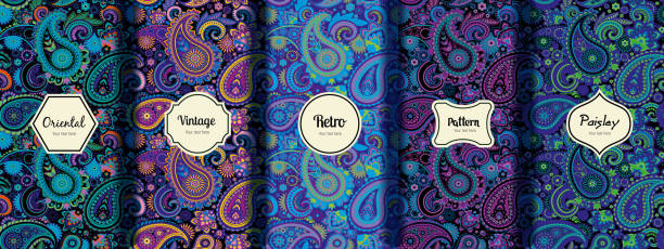Set of seamless patterns in vintage paisley style. Set of seamless patterns in vintage paisley style. Oriental retro pattern/ blue paisley pattern stock illustrations