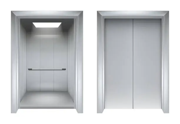 Vector illustration of Elevator doors. Closing and opening lift metallic in office building vector realistic 3d pictures