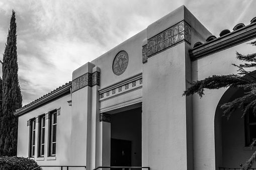 Spanish Colonial Revival Style buildings, Campbell Community Center, formerly Campbell High School, in the City of Campbell, Northern California. Black and White.