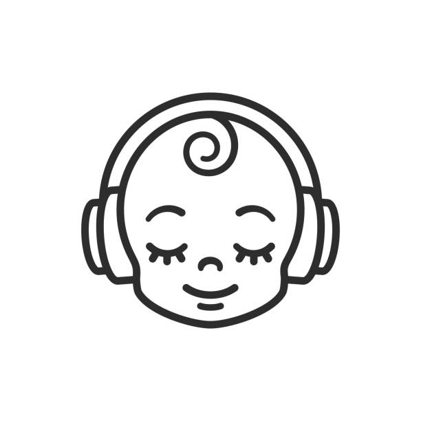 ヘッドフォンでかわいい漫画の赤ちゃん - baby icons audio点のイラスト素材／クリップアート素材／マンガ素材／アイコン素材