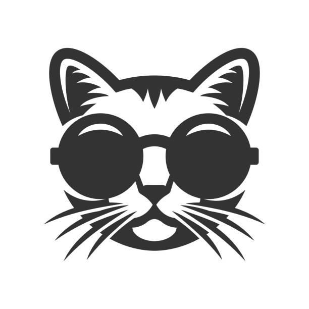 ilustraciones, imágenes clip art, dibujos animados e iconos de stock de gato en icono de las gafas de sol redondas. - feline