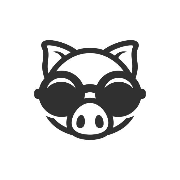 Pig in round sunglasses icon. Piggy logo Pig in round sunglasses icon. Piggy logo snout stock illustrations