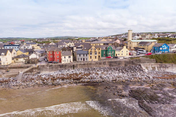 Aerial View of Lahinch Lahinch or Lehinch is a small town on Liscannor Bay, on the northwest coast of County Clare, Ireland. The town is a seaside resort and has become a popular surfing location. county clare stock pictures, royalty-free photos & images