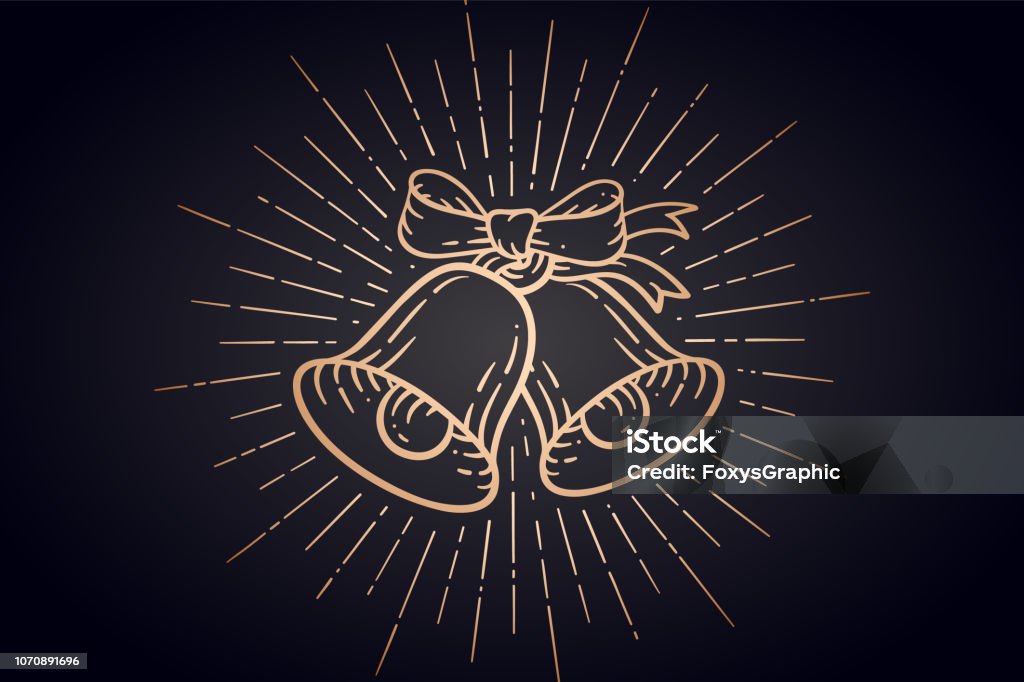 Christmas bells. Golden sign jingle bells with light rays Christmas bells. Golden sign jingle bells with light rays vintage retro graphic in engraving retro style. Icon jingle bells for Happy New Year or Merry Christmas design, banner. Vector Illustration Art stock vector