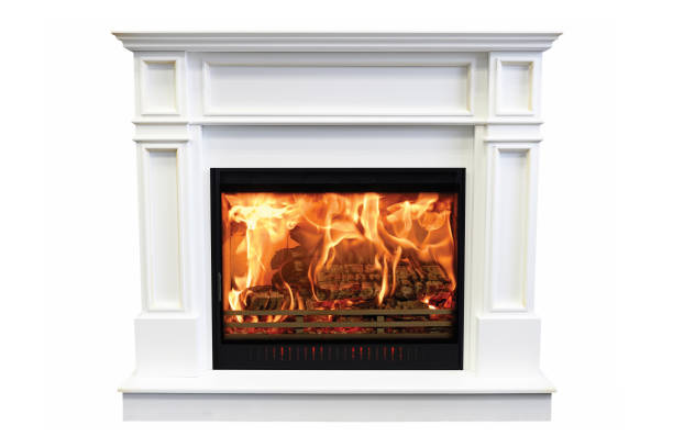 istock Classic marble burning fireplace isolated on white background 1070892008