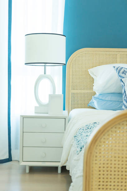 istock beautiful bedroom with blue wall and white table lamp. 1070898832