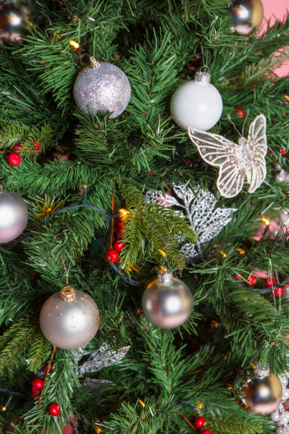 istock Christmas tree with beautiful ornaments on pink background 1070898854