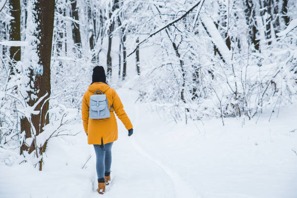 istock woman standing in snowed forest looking forward. view from behind. 1070902044