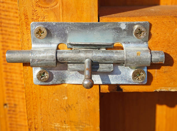 istock Metal lock on a wooden door 1070902234