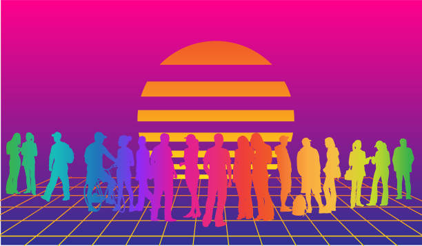 Huge crowd of young people silhouettes in saturated colours