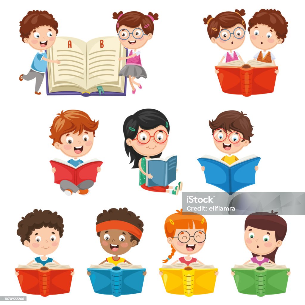 Vector Illustration Of Kids Reading Book Stock Illustration - Download  Image Now - Child, Reading, Book - iStock