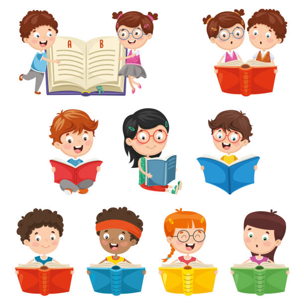 Vector Illustration Of Kids Reading Book Vector Illustration Of Kids Reading Book kids reading clipart stock illustrations