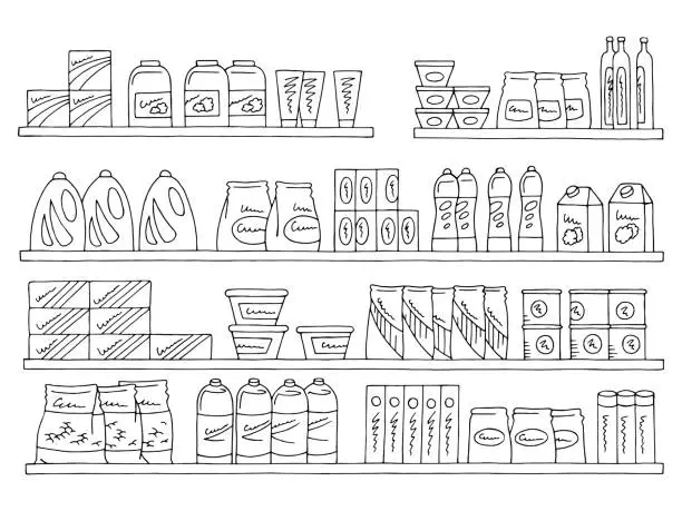 Vector illustration of Shelves set graphic black white isolated sketch food grocery store illustration vector