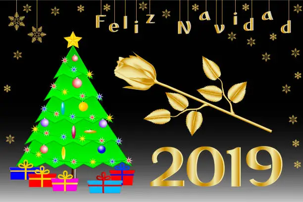Vector illustration of Congratulations on Christmas 2019 in Spanish. Christmas tree with a golden five-pointed star, gifts and a golden rose.