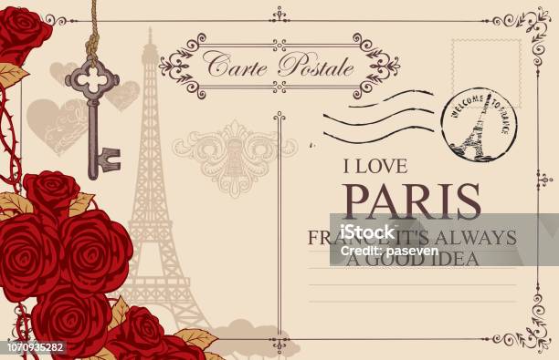 Vintage Postcard With The Eiffel Tower And Roses Stock Illustration - Download Image Now - Flower, Paris - France, Art