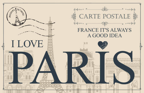Vintage postcard with words I love Paris Retro postcard with words I love Paris and rubber stamp with Eiffel tower. Vintage vector card with contour drawings of the famous French architectural landmarks musee du louvre stock illustrations