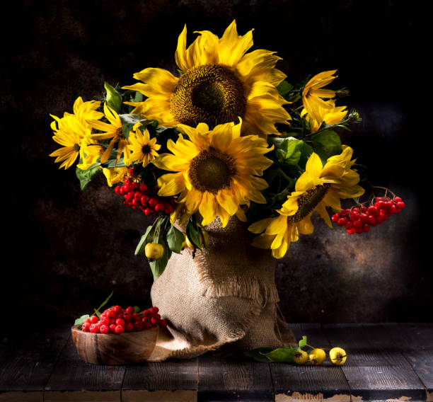 Still life with sunflowers in a vase