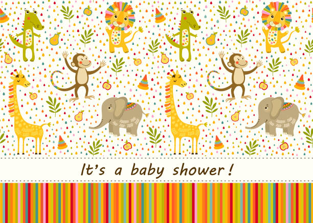 ライオン、キリン、サル、ゾウと赤ちゃんのシームレスなパターン。ジャングルの中で動物と子供のためのイラスト。子供のための壁紙、背景繊維。ベビー シャワーのパターンや誕生日グリ - birthday card baby shower elephant cute点のイラスト素材／クリップアート素材／マンガ素材／アイコン素材