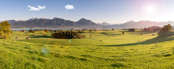 panoramic view to landscape in Bavaria with Karwendel mountains