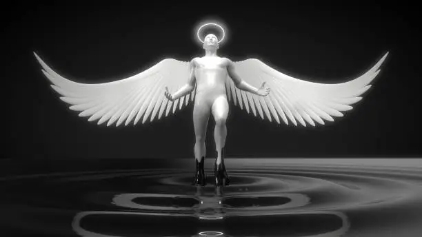 white angelic character rising from black liquid. suitable for technology, religion, psychology, and esoteric themes. 3d illustration