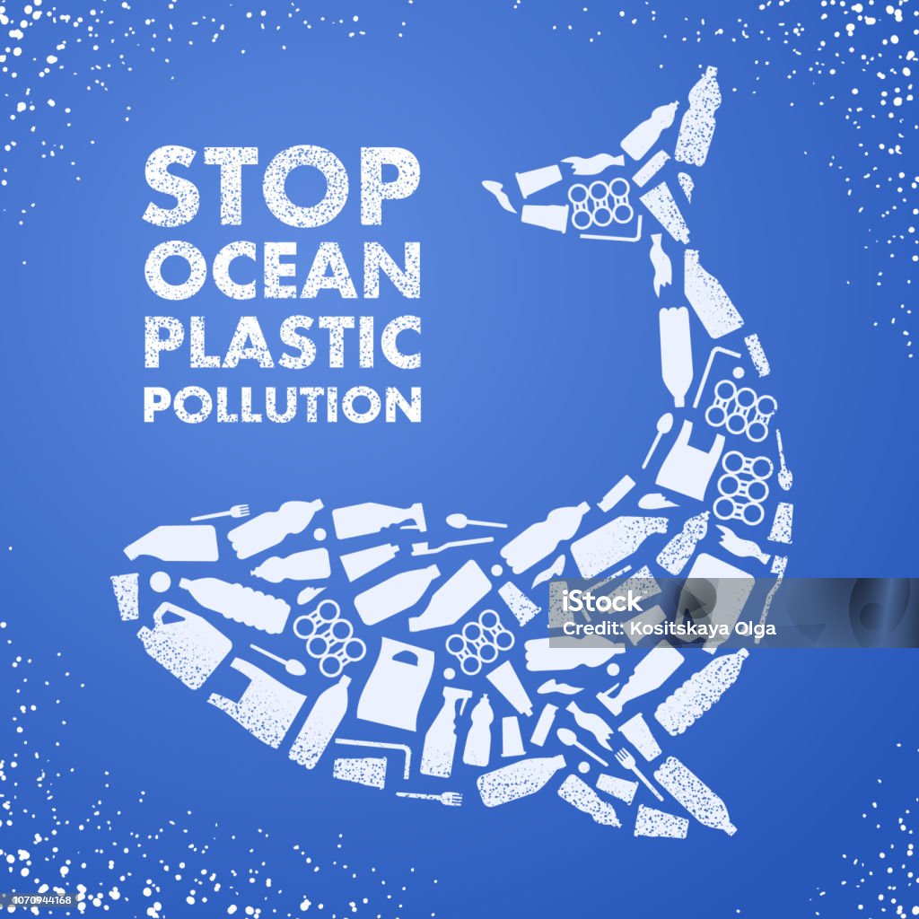 海洋のプラスチック汚染を停止します。生態学的なポスター。クジラは、白いプラスチック廃棄物バッグ、青色の背景色の上にボトルで構成されます。 - 海のロイヤリティフリーベクトルアート