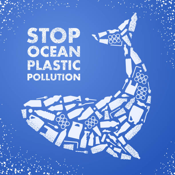 Stop ocean plastic pollution. Ecological poster. Whale composed of white plastic waste bag, bottle on blue background. Stop ocean plastic pollution. Ecological poster. Whale composed of white plastic waste bag, bottle on blue background how to save environment stock illustrations