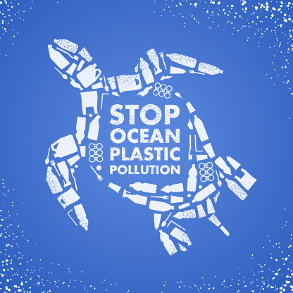Stop ocean plastic pollution. Ecological poster. Turtle composed of white plastic waste bag, bottle on blue background