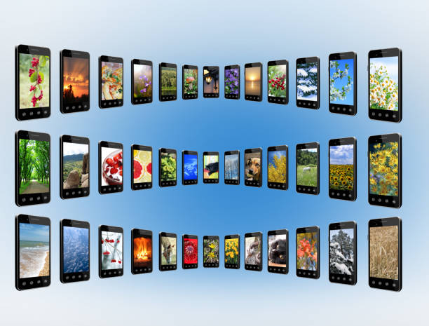 Smartphones with different photo in rows. Digital technologies Smartphones with different photo in rows. Mobile phones with images of nature. Modern communications. Digital technologies. Smartphones isolated 11154 stock pictures, royalty-free photos & images