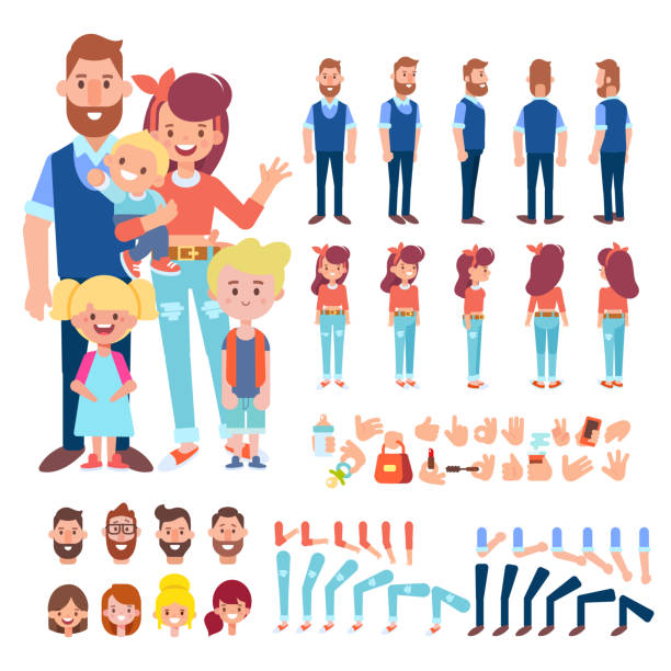 ilustraciones, imágenes clip art, dibujos animados e iconos de stock de familia junta. a los padres. hombre joven y mujer, tres hijos. personajes de dibujos animados de vector para la animación - silhouette student teenager university