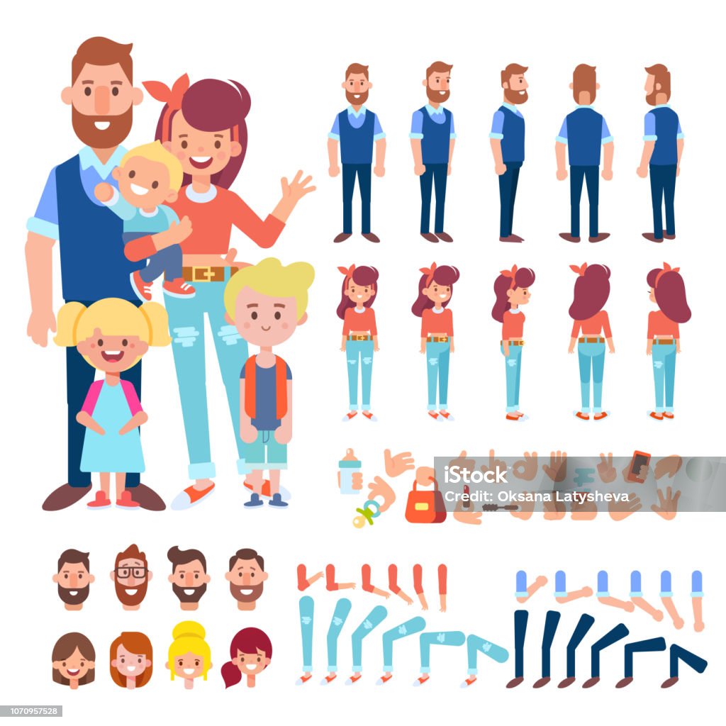 Family Together Parents Young Man And Woman Three Kids Vector Cartoon  Characters For Animation Stock Illustration - Download Image Now - iStock