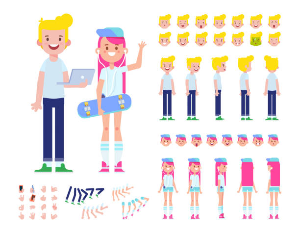 illustrazioni stock, clip art, cartoni animati e icone di tendenza di adolescente e ragazza con set di creazione di skateboard. personaggi dei cartoni animati vettoriali per l'animazione - playback