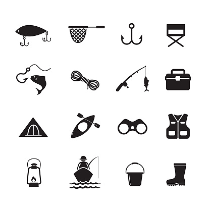 Fishing icon, set of 16 editable filled, Simple clearly defined shapes in one color. Vector