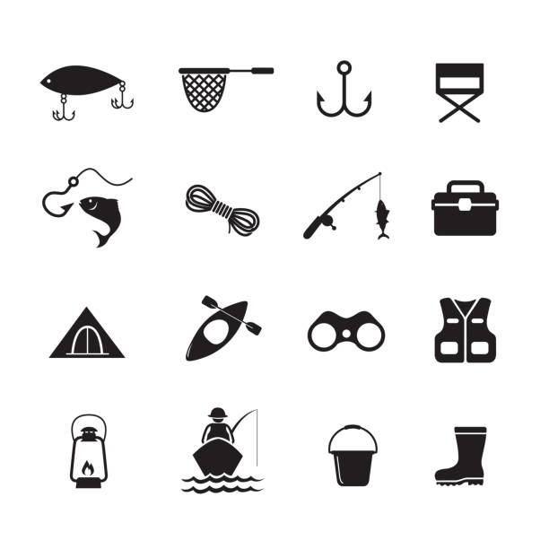 Fishing icon Fishing icon, set of 16 editable filled, Simple clearly defined shapes in one color. Vector rowing boat fishing stock illustrations