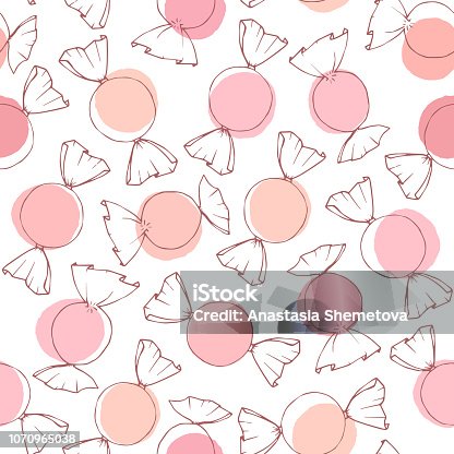 istock Hand drawn vector candy outline with pink circles seamless pattern on the white background. Valentine’s Day holiday decoration in pastel colors. 1070965038