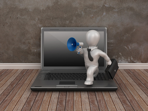 Computer Laptop and Business Character Running with Megaphone - 3D Rendering