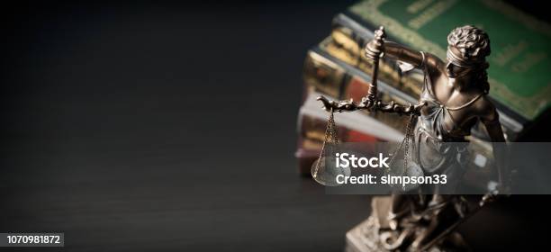 Lady Justice Statue Of Justice In Library Stock Photo - Download Image Now - Lawyer, Law, Legal System