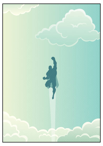 Superhero in Cloudscape Cartoon illustration of powerful superhero flying across beautiful cloudscape. superhero clip art stock illustrations