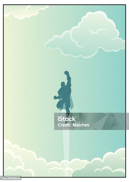 Superhero In Cloudscape Stock Illustration - Download Image Now - Superhero, Flying, In Silhouette