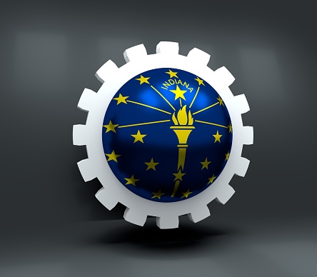 Cog wheel with Indiana flag. Precision machinery relative backdrop. 3D rendering