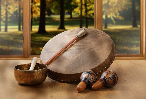 A still life of the shamanic drum, Tibetan singing bowls and maracas on a background of forest