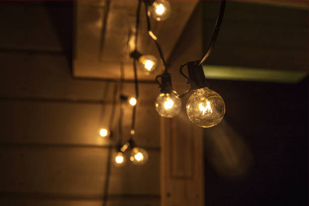 istock Decorative outdoor string lights hanging on tree in the garden at night time 1070994714
