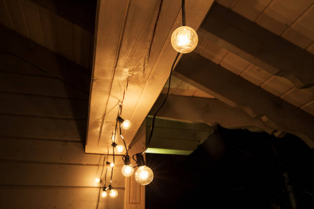 istock Decorative outdoor string lights hanging on tree in the garden at night time 1070995036