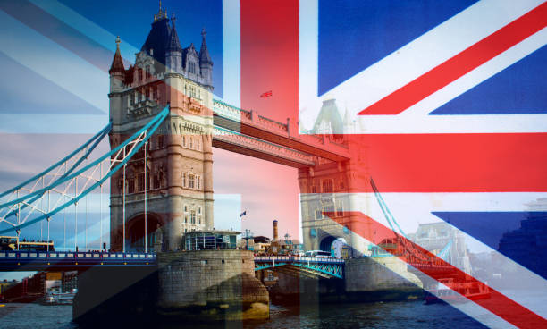 Tower Bridge and UK Flag Tower bridge blended with a UK Union flag. city of london flag stock pictures, royalty-free photos & images