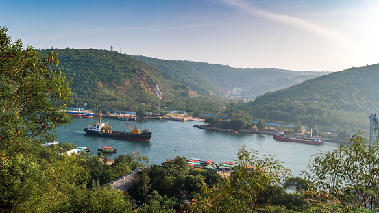 November 13,2018. Visakhapatnam,India. Top view of Gangavaram port with Cargo ships from Ross Hill Church.
