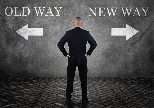 Dilemma in business concept. Businessman confuse to choose old way or new way