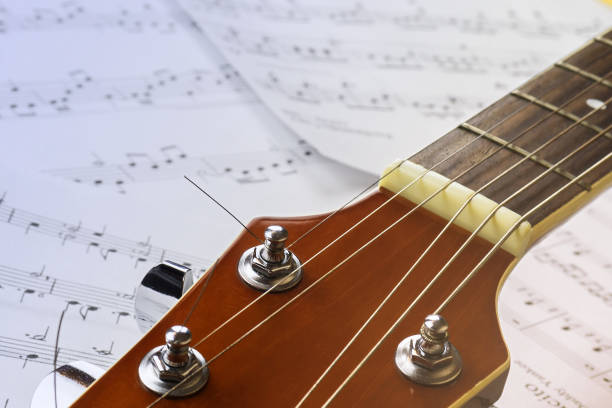 istock Guitar neck on the background of sheets with notes 1071010474