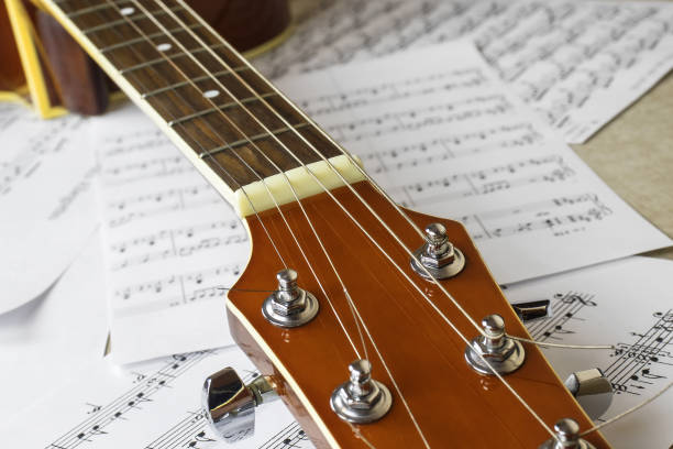istock Guitar neck on the background of sheets with notes 1071010476