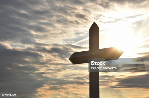 Cross At Sunrise Stock Photo - Download Image Now - Blue, Built Structure, Christianity