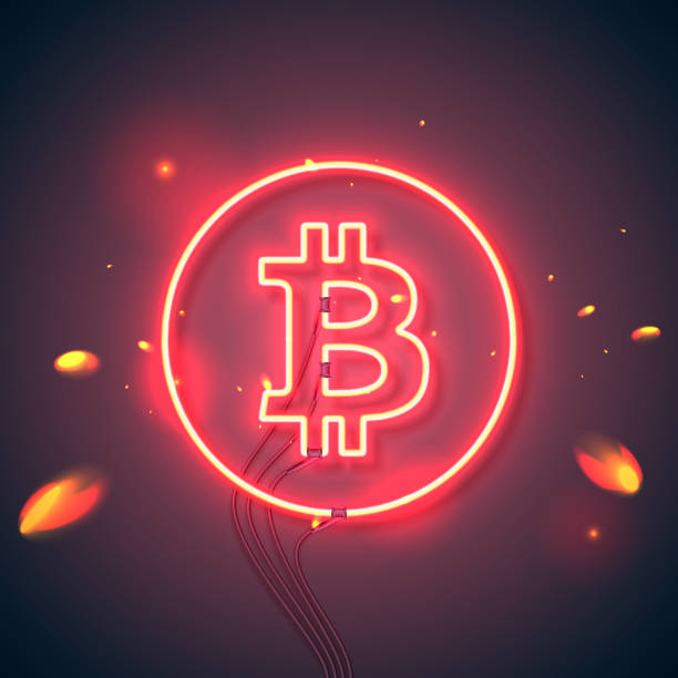 neon sign bitcoin sparks Neon sign. Retro neon sign Bitcoin on purple background. Ready for your design, icon, banner. Vector illustration. litecoin stock illustrations