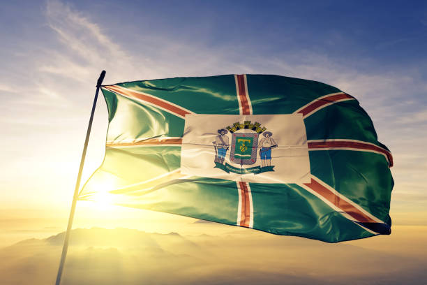 Goiania city of Brazil flag textile cloth fabric waving on the top sunrise mist fog Goiania city of Brazil flag on flagpole textile cloth fabric waving on the top sunrise mist fog goias photos stock pictures, royalty-free photos & images